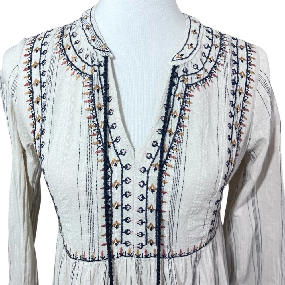 Knox Rose Boho Embroidered Peasant Mini Dress Women XS Beige Navy Tassel